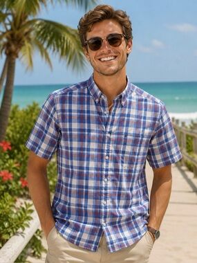 Tommy Hilfiger Blue and Red Plaid Short-Sleeve Button-Down Shirt Size Large